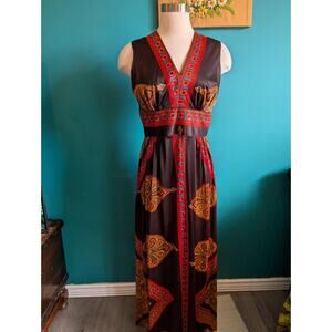 Women's Vintage Brown Paisley mixed print maxi dress 1960s size medium